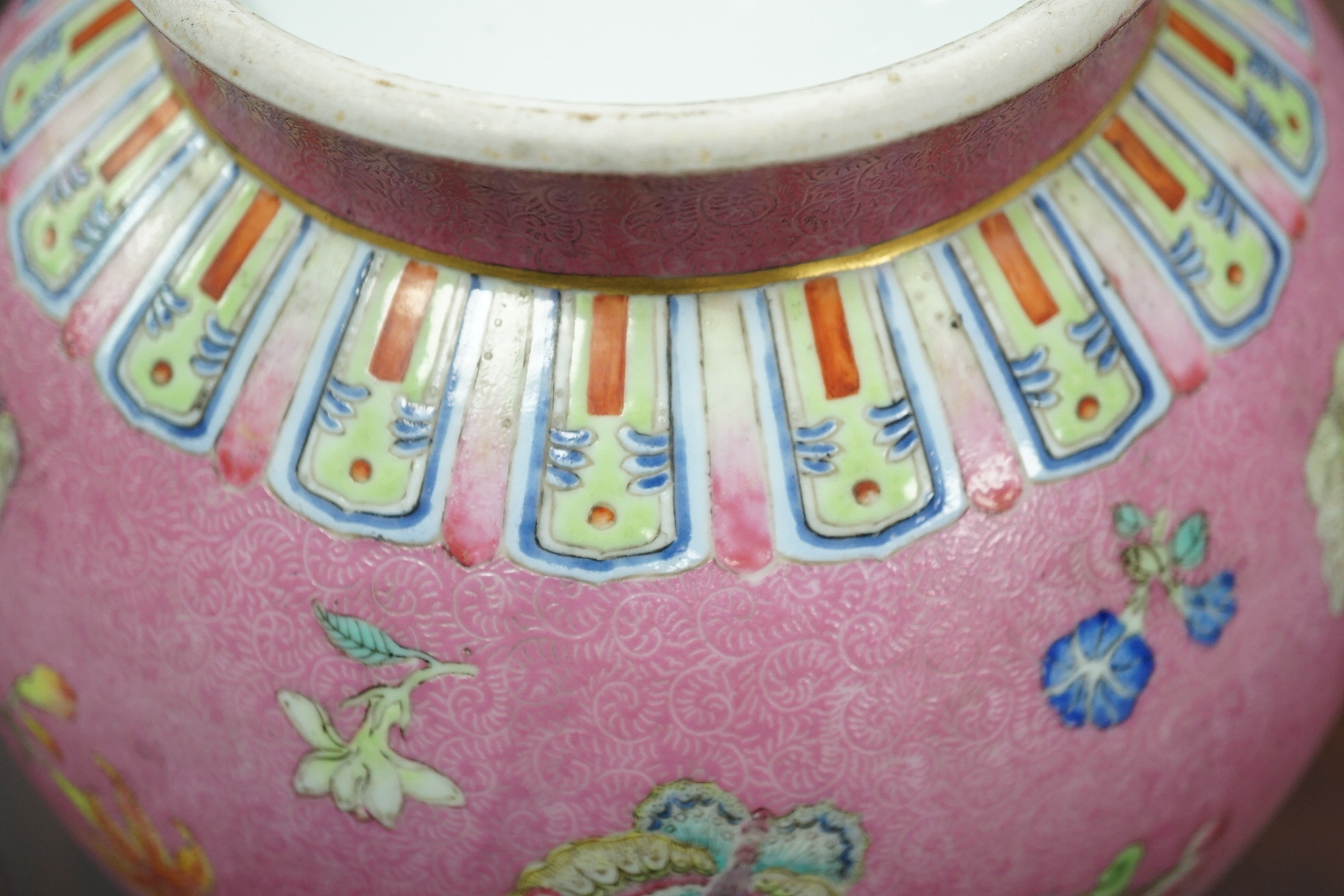 A Chinese pink-ground sgraffito pear-shaped vase, yuhuchunping, Daoguang six character seal mark and of the period (1821-50)